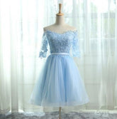 A-Line Off the Shoulder Half Sleeves Light Blue Tulle Homecoming Dress 2025 with Appliques